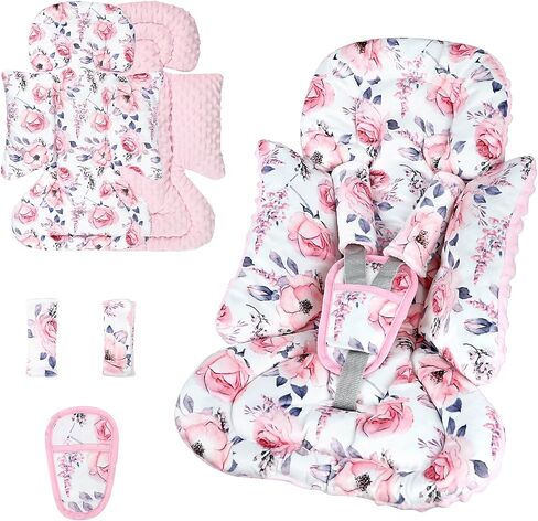 SWESEN Infant Car Seat Insert with 3 Strap Covers Set, Car Seat Head Support Baby for Girls, Soft 3 in 1 Baby Car Seat Cushion for Strollers, Bouncers, Swing, Pink Floral in Saudi Arabia