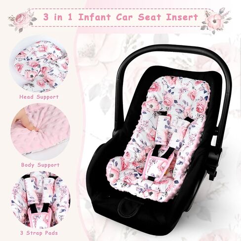 SWESEN Infant Car Seat Insert with 3 Strap Covers Set, Car Seat Head Support Baby for Girls, Soft 3 in 1 Baby Car Seat Cushion for Strollers, Bouncers, Swing, Pink Floral in Saudi Arabia