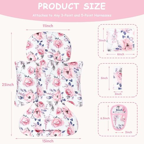SWESEN Infant Car Seat Insert with 3 Strap Covers Set, Car Seat Head Support Baby for Girls, Soft 3 in 1 Baby Car Seat Cushion for Strollers, Bouncers, Swing, Pink Floral in Saudi Arabia