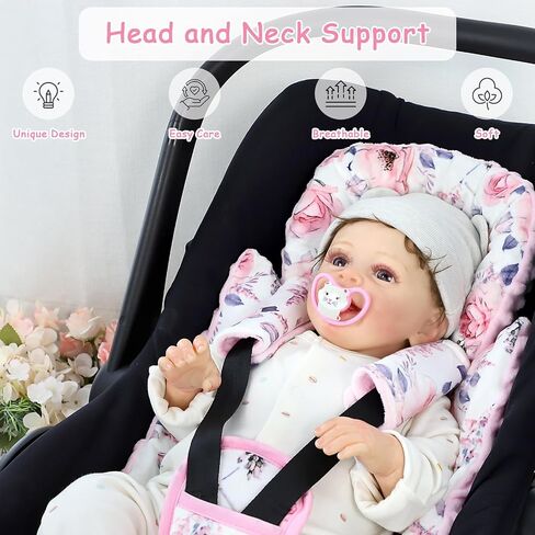 SWESEN Infant Car Seat Insert with 3 Strap Covers Set, Car Seat Head Support Baby for Girls, Soft 3 in 1 Baby Car Seat Cushion for Strollers, Bouncers, Swing, Pink Floral in Saudi Arabia