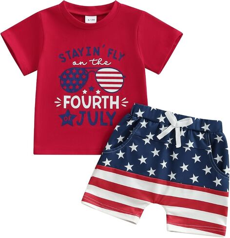 Kupretty Toddler Baby Boy 4th of July Outfit American Flag T-Shirt Tees Shirt + Star and Stripe Shorts Independence Day Set in Saudi Arabia