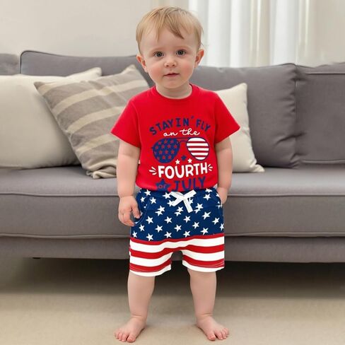 Kupretty Toddler Baby Boy 4th of July Outfit American Flag T-Shirt Tees Shirt + Star and Stripe Shorts Independence Day Set in Saudi Arabia