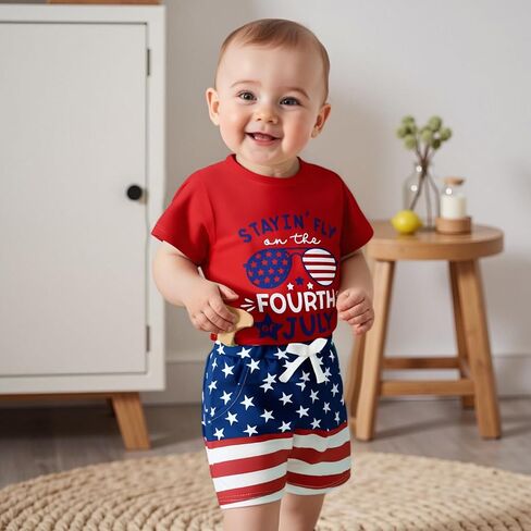Kupretty Toddler Baby Boy 4th of July Outfit American Flag T-Shirt Tees Shirt + Star and Stripe Shorts Independence Day Set in Saudi Arabia