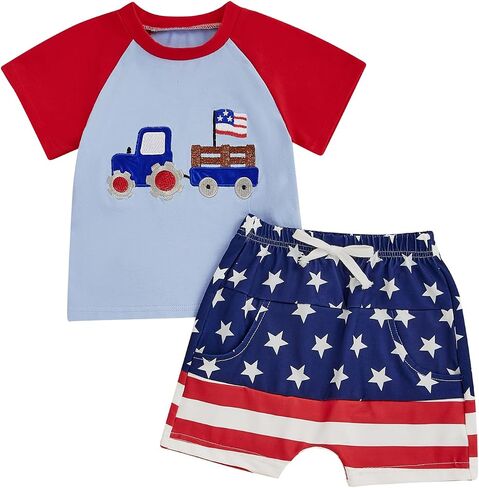 Kupretty Toddler Baby Boy 4th of July Outfit American Flag T-Shirt Tees Shirt + Star and Stripe Shorts Independence Day Set in Saudi Arabia