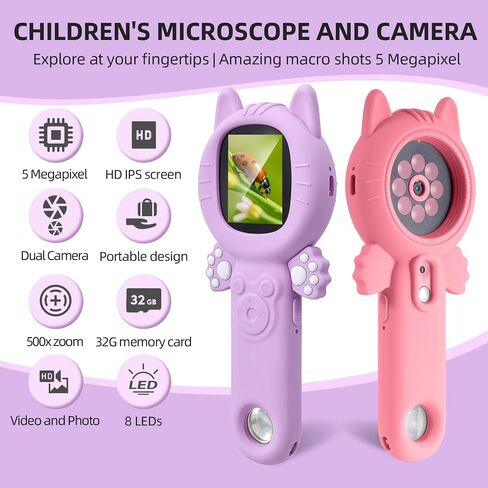 Kids Microscope – 500X Digital Pocket Handheld Microscope with Dual Cameras, Autofocus & 32GB Card | STEM Educational Toy & Christmas Birthday Gift for Boys & Girls Ages 3-10 in Saudi Arabia