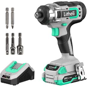 Litheli Cordless Impact Driver 20V, 1150 In-Lbs Torque, 1/4″ Quick-Release Hex Chuck, 3 Socket Adapters, 2 Driver Bits, with 2.0 Ah Battery & 1 Hour Fast Charger