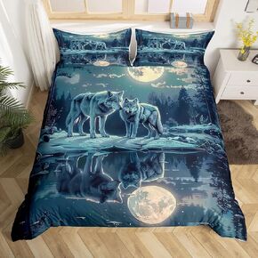 3D Wolf Duvet Cover Toddler Size Dreamy Gradient Aurora Comforter Cover for Teens Adults Kids Wild Safari Animal Bedding Set Mountain Tree Landscape 2 Pcs Decorative Bed Cover(No Comforter)