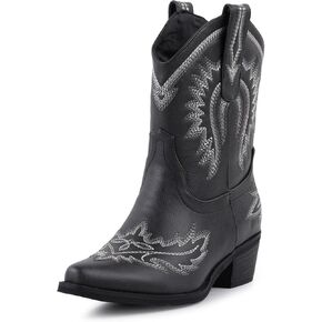LingxiaUne Women’s Western Cowboy Boots – Embroidered Mid Heel Ankle Boots for Stylish & Versatile Wear