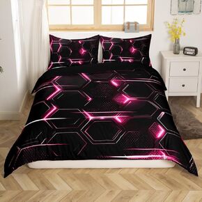 jejeloiu Boys Girls Ombre Black Blue Honeycomb Bedding Set Toddler Size, Hexagonal Duvet Cover Kids Geometry Comforter Cover Teens Bedroom Decor 2Pcs with 1 Pillow Case (No Comforter)