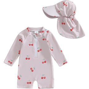 Baby Girl Swimsuit Cherry Bow Print Zipper Swimwear Toddler Girls Bathing Suit Rash Guard Swimming Sunsuit Hat