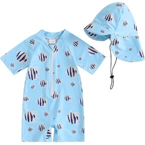 Toddler Boy Long Sleeve One-Piece Swimsuit Cute Fish Shark Pattern Rash Guard Swimsuit with Hat Beach Bathing Suit