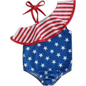 4th of July Baby Girl Swimsuit Infant Toddler American Flag Bathing Suit One Shoulder Ruffle One Piece Swimwear