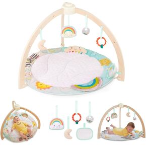 B. Baby – Wooden Baby Gym – Soft Play Mat – 5 Hanging Sensory Toys – Developmental Activities – Newborn – Sunrise to Sunset Play Gym
