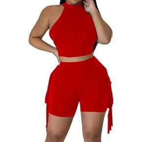 Women Summer Tracksuit 2 Piece Outfits Halter Neck Sleeveless Crop Tank Top and Tassels Shorts Jogging Workout Sets