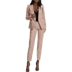 Women's Business Pants Suit Long Sleeve Lapel Collar Double Breasted Blazer 2 Pieces Sets Office Casual Formal Outfits