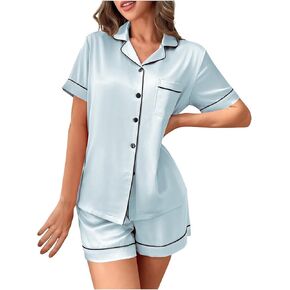 Womens Pajama 2 Piece Sets Silk Satin Short Sleeve Lapel Collar Button Shirt Top and Shorts Pj Sleepwear Loungewear