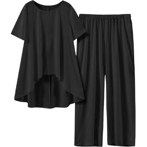 2 Piece Cotton Linen Sets for Women Summer Casual Short Sleeve Crewneck High-Low Hem Top Wide Leg Pants Vacation Outfits