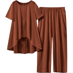 2 Piece Cotton Linen Sets for Women Summer Casual Short Sleeve Crewneck High-Low Hem Top Wide Leg Pants Vacation Outfits in Kuwait