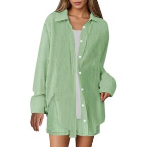 Women's 2 Piece Set Casual Tracksuit Button Down Long Sleeve Collared Shirt and High Waist Shorts Lounge Matching Sets