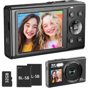 5K 80MP Digital Camera with 18X Digital Zoom & Flash, Dual Screens Vlogging Camera for YouTube with 32GB TF Card & 2 Batteries,Portable Compact Camera for Kids Teens Adult(Black)
