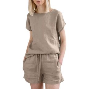 Women 2 Piece Outfit Summer Short Sleeve Crew Neck T Shirt Top and Drawstring Shorts with Pockets Casual Sweatsuit Set