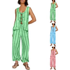 Women Tie Front 2 Piece Outfit Striped Open Front Vest Sleeveless Top Wide Leg Lounge Pants Y2K Summer Going Out Sets