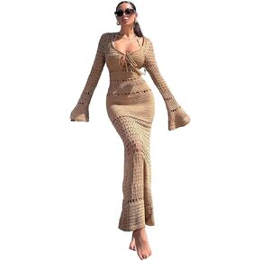 Women Swimsuit Cover Up Hollow-Up Detailed V-Neck Cover Up Dress, For Summer Beach