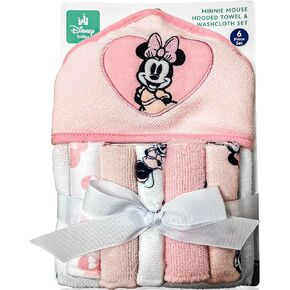 Minnie Mouse Bath Towel Set | Disney Minnie Mouse Hooded Baby Bath Towel | Minnie Hoodie Towels & 5 Wash Cloths | Baby Newborn Essentials | Soft Plush | Pink/White | Officially Licensed