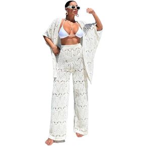 Women Swimsuit Cover Up Knit Three-Quarter Sleeve Kimono And Pant Cover-Up Set
