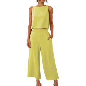 Womens Summer 2 Piece Outfit Crew Neck Sleeveless Tank Crop Top and Wide Leg Pants Casual Cotton Linen Set with Pockets