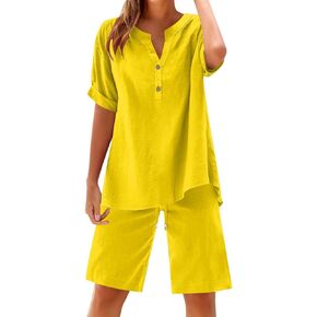 Linen Sets for Women 2 Piece Short Sleeve V Neck Button Henley Shirts & Drawstring Shorts Loose Casual Matching Outfits