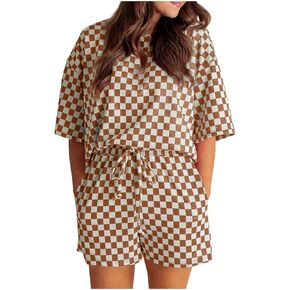 Women 2 Piece Sets Plaid Tracksuit Checkered Short Sleeve Crew Neck Pullover Tops and Drawstring Shorts Lounge Outfit