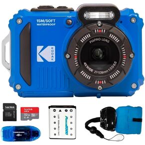 KODAK PIXPRO WPZ2 Waterproof Digital Camera Bundle, Includes: SanDisk 32GB MicroSD Memory Card, Spare Battery and More (5 Items) (Blue)