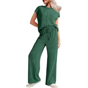 Two Piece Sets for Women Summer Travel Loungewear Set Casual Ribbed Cap Sleeve Shirts and Loose Fit Wide Leg Pants