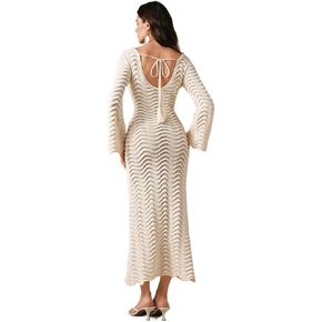 Women Swimsuit Cover Up Knit Hollow Out Shaped Sleeve Beach Sweater Dress