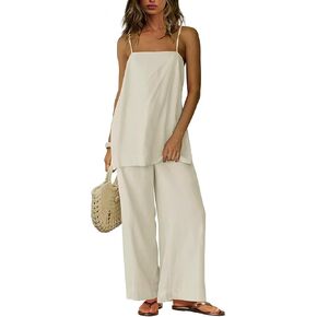 Two Piece Linen Sets for Women Summer 2025 Trendy Loungewear Sets Spaghetti Strap Tank Tops & Travel Wide Leg Pants
