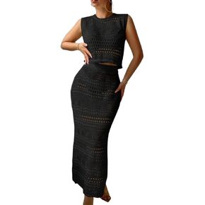 Women Swimsuit Cover Up Hollow Out Cover-Up Top And Skirt Set, Summer Beachwear