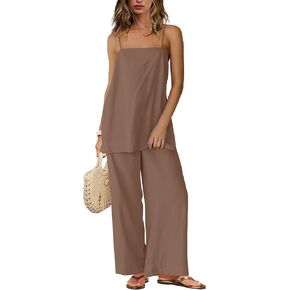 Women Linen Sets 2 Piece Outfits Summer 2025 Sexy Beach Outfits Side Slit Spaghetti Strap Tank Top & Wide Leg Pants