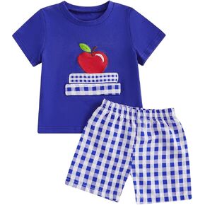 Toddler Baby Boy Back to School Clothes Embroidery Short Sleeve T Shirt Plaid/Striped Shorts Set Summer Outfits