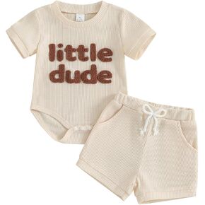 ZAXARRA Newborn Baby Boy Summer Outfits Mama's Boy Little Dude Letter Embroidery Romper Solid Shorts Infant Waffle Clothes