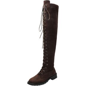 Women's Over the Knee Low Heel Lace up Tall Boots Thigh High Comfortable Chunky Heel Round Toe Riding Boots