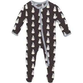 KicKee Print Footie with 2 Way Zipper, Fitted Long Sleeve Pajamas, Ultra Soft Everyday One-Piece Loungewear, Winter Celebration (Midnight Tiny Snowman - 6-9 Months)