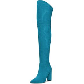 HDEUOLM Women Chunky Block High Heel Close Pointed Toe Over Above The Knee Boots Zipper Sexy Classic Shoes