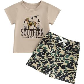 Baby Boy Summer Clothes Set Toddler Letter Animal Print T-shirts Camo Shorts 2 Piece Little Southern Boy Outfit