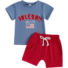 Toddler Baby Boy 4th of July Outfit Flag Embroidery Short Sleeve T-shirt Shorts Set Independence Clothes