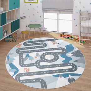 Paco Home Kids Rug Play Mat Mountain Road with Bears & Trees in Blue Cream, Size: 5'3" Round
