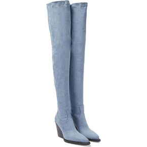 THESHY Women's Denim Over The Knee Boots Stretchy Thigh High Pointed Toe Chunky Heel Boots Platform Fashion Pull-on Shoes