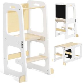 Mr Ironstone Toddler Standling Tower - برج مطبخ قابل للتعديل مع برج قائم بطي على السبورة للأطفال ، 4 في 1 Strowler Tower Tower Stool مع أقدام الدرابزين والأمان ، أبيض