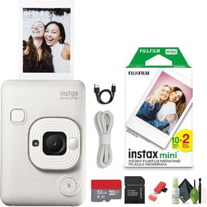 Fujifilm INSTAX Mini LiPlay Hybrid Instant Camera Bundle with Fuji Instax Mini Instant Film 20 Sheets, 32GB Micro SD Card + Cleaning Kit + More Accessories (Misty White)