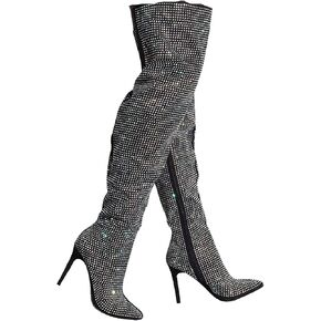 Women's All Over Diamond Rhinestone Stripe Front Slouchy Thigh High Stiletto Boots